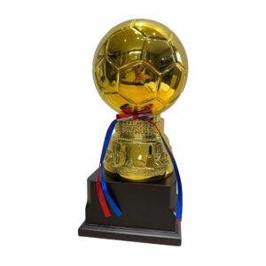 wooden base metal soccer ball trophy